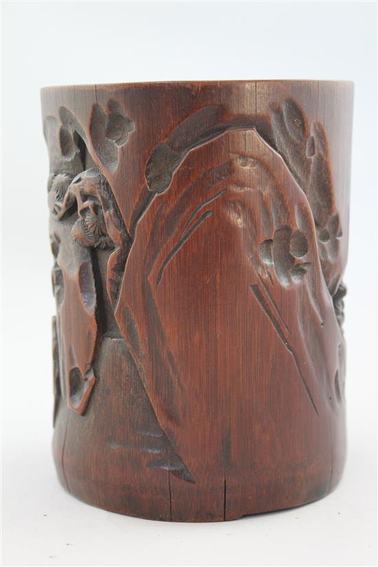 A Chinese bamboo brush pot, 17th / 18th century, 13.5cm, slight old worm damage